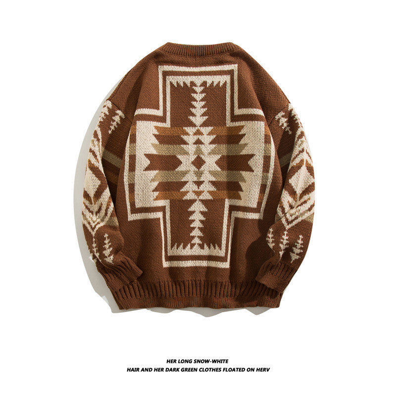 Autumn and Winter Vintage Ethnic Style Thickened Sweater Men's Ins American Style Lazy Style Round Neck Sweater Distinctive Base Sweater