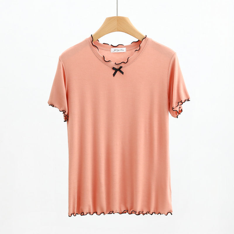 Spring and Summer 2023 New Modal Cotton Pajamas Women's Summer Short-sleeved Flex V-neck Bow Thin Age-reducing Top
