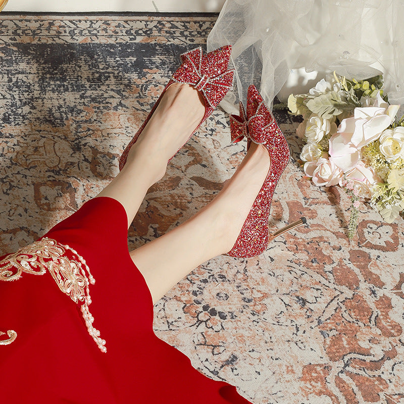 829-111 Pointed High Heel New Red Xiuhe Dress Wedding Shoes Bow Chinese Not Tired Bride High Heels