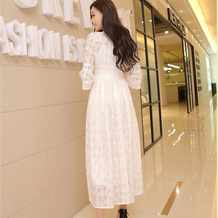 Dress Summer New Style Women's Lace V-Neck Slim Waist Dress Korean Style Dress Vacation Women's Beach Dress