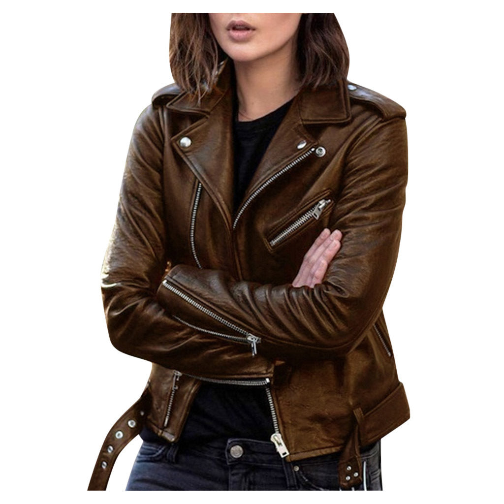 Spring and Autumn Plus-Size Women's Short Leather Jacket, European and American Style Biker Jacket, Slim-Fit Winter Pu Leather Jacket for Women