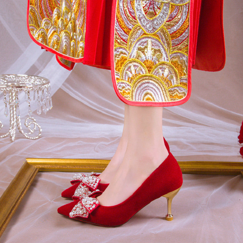 Red Wedding Shoes Women's 2022 New Pearl Bow High Heels Pointed Thick Heel Shoes Xiuhe Shoes Spot Hair