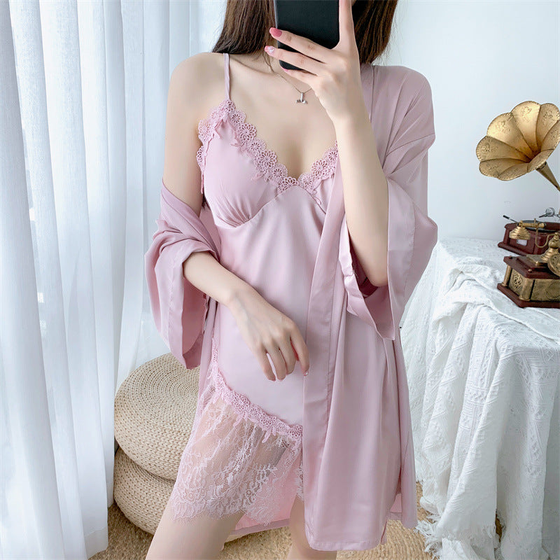 New women's pajamas sexy suspender nightgown two-piece suit ice silk lace pure desire style women's home wear