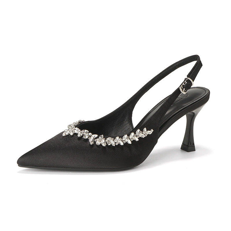 High-End Satin Pointed Toe High Heels for Women, Stiletto Heels, French Style Rhinestone Fairy Sandals, Women's Hollow Back Shoes