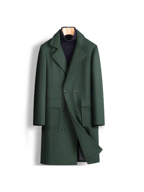 2025 spring new men's foreign trade double-breasted youth solid color casual long woolen coat fashionable trench coat