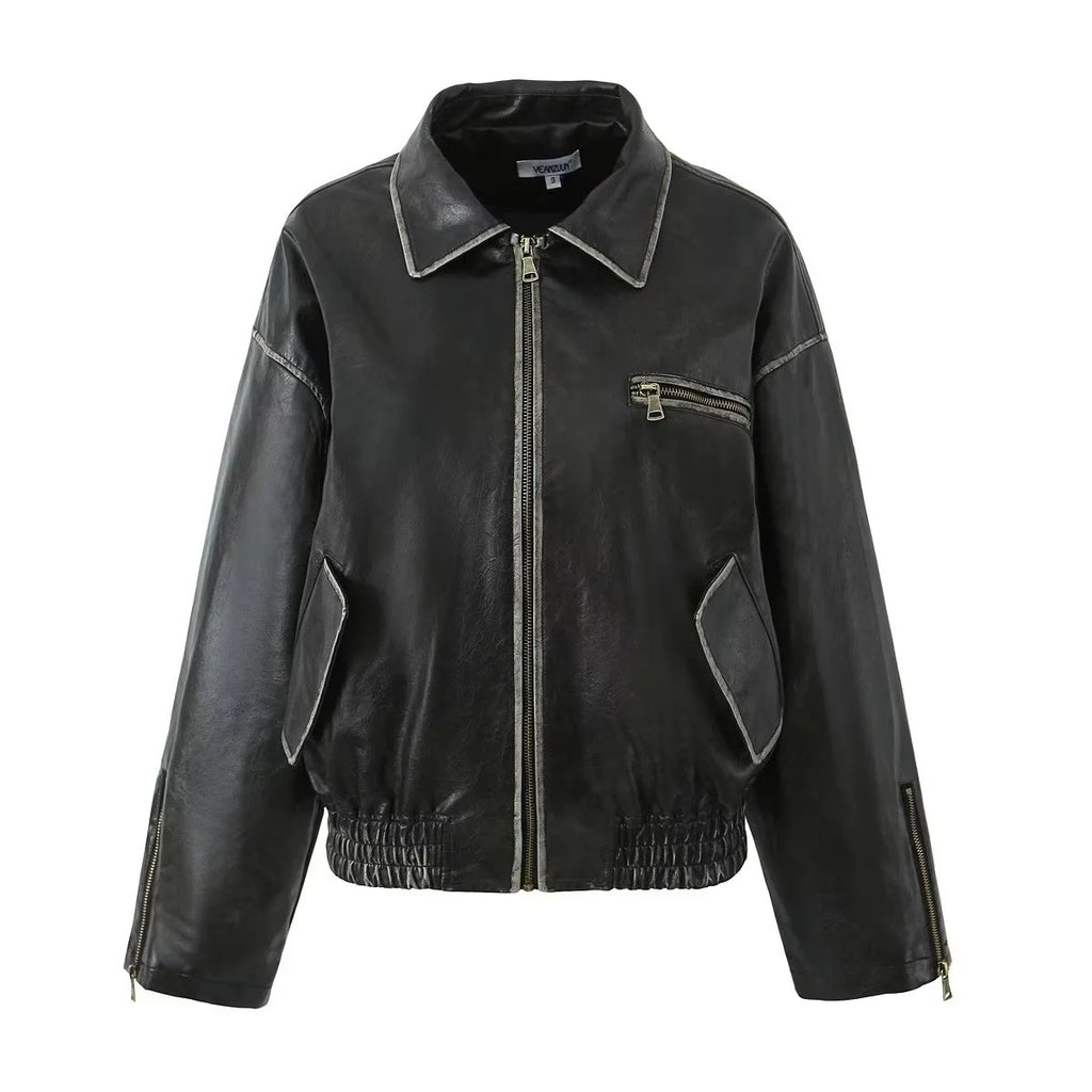 American heavy industry distressed leather jacket for women 2023 autumn and winter New retro loose brushed PU leather jacket for hot girls