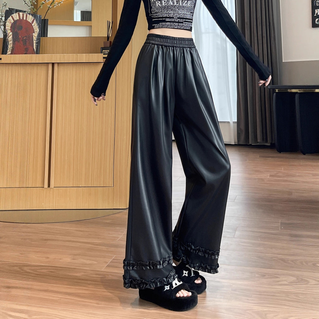 Double-Layer Ruffled Leather Pants for Women 2025 Autumn and Winter Popular High-Waisted Fashion Casual Pants Soft Pu Leather Trendy Cool Wide-Leg Pants