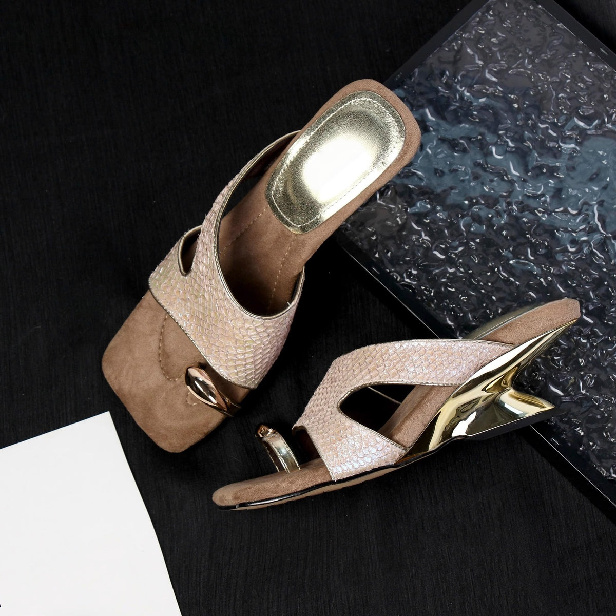 Niche Design Deep Sea Fish Skin Mermaid Fantasy High Heels Women's Summer Retro Square Toe Elegant Wedge Heel Flip-Flops