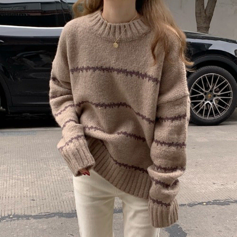 Vintage Japanese-Style Lazy Loose Sweater for Women, Thickened Autumn and Winter New Long-Sleeve Striped Half-High Collar Knitwear