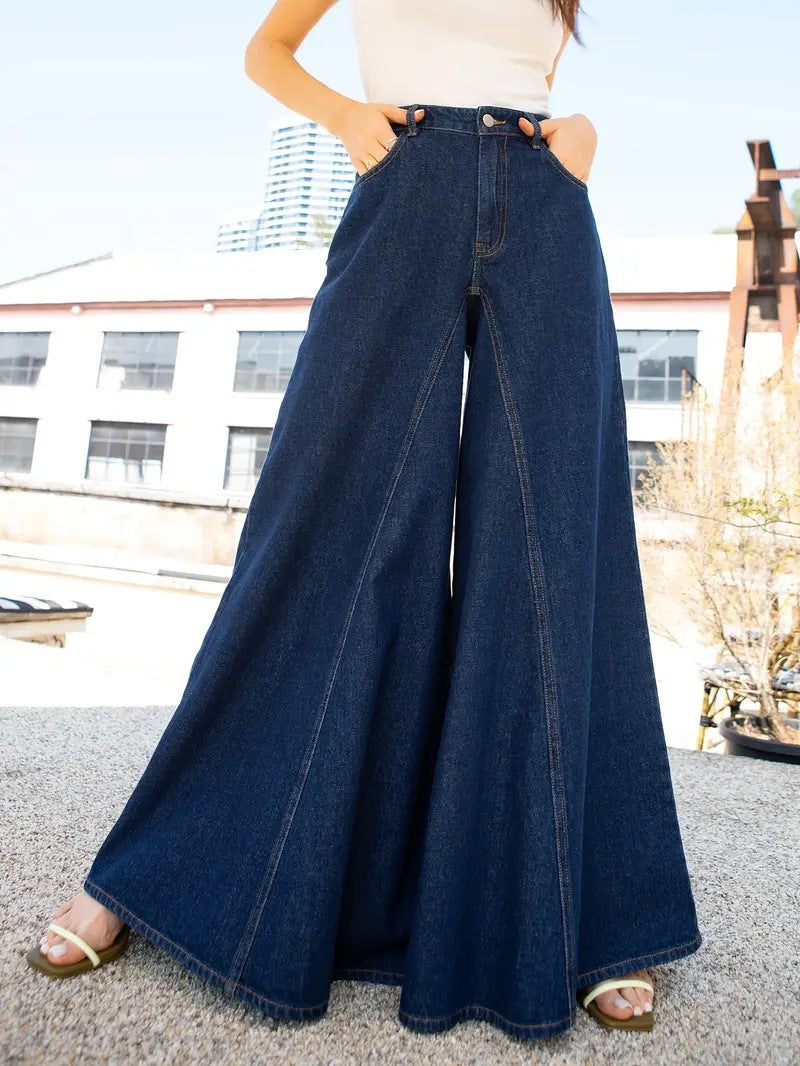 Label Women's Elegant and Simple Wide-Leg Jeans Stretch Jeans Washed Denim 2025 New Jeans