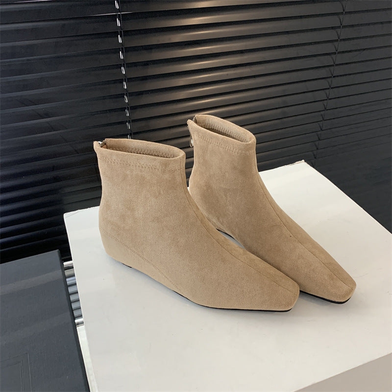 Niche Design Inner Heightening Wedge Short Boots for Women 2025 Autum Slim Boots Square Toe Back Zipper French Ankle Boots
