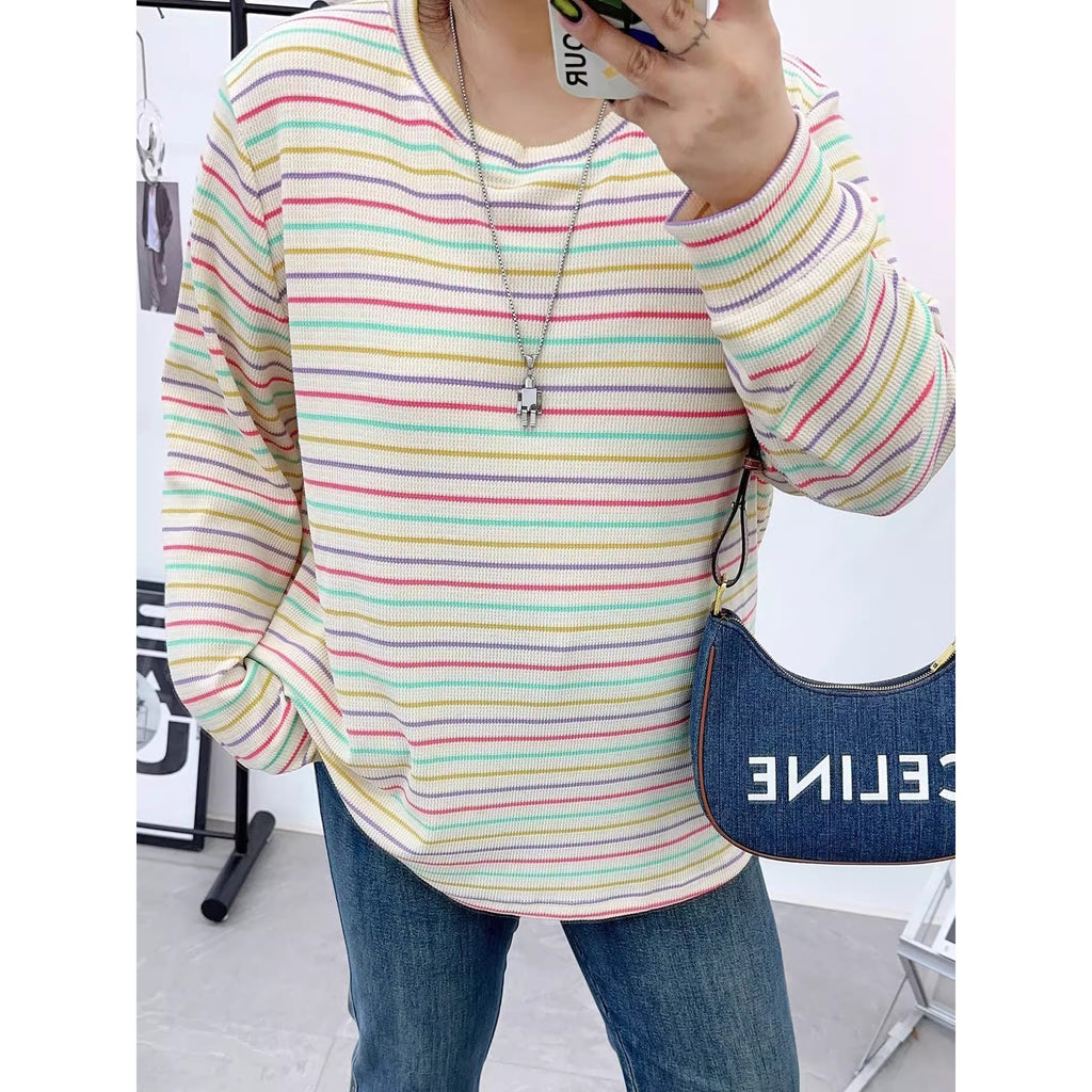 Early Autumn Large Size Retro Rainbow Stripesd Right Shoulder Long-Sleeved T-Shirt for Fat Women, Loose Slimming Look and Age-Reducing Top