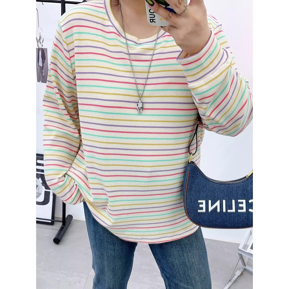 Early Autumn Large Size Retro Rainbow Stripesd Right Shoulder Long-Sleeved T-Shirt for Fat Women, Loose Slimming Look and Age-Reducing Top