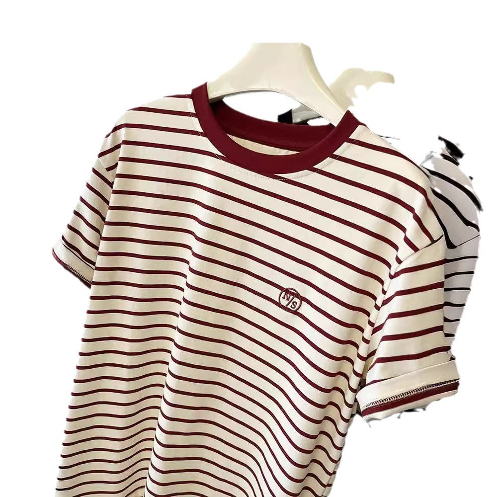 Summer New Korean Style Pure Cotton Loose Embroidered Striped Short-Sleeve T-Shirt for Women, Fashionable Color-Blocking Pullover Versatile Top
