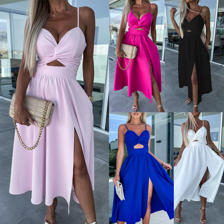 suspenders V-neck large pendulum dress slim-fit backless mid-length dress
