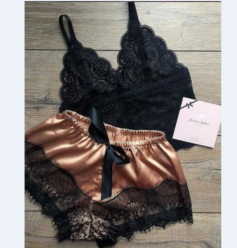 Summer Women's Silk Sling Princess Pajamas Sexy Temptation Two-piece Underwear Nightwear Home Clothes