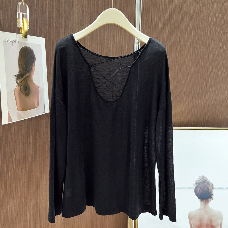 Long-Sleeved T-Shirt for Women Early Autumn 2025 New Design Niche Thin Backless Cross Top Bottoming Shirt Inner Wear