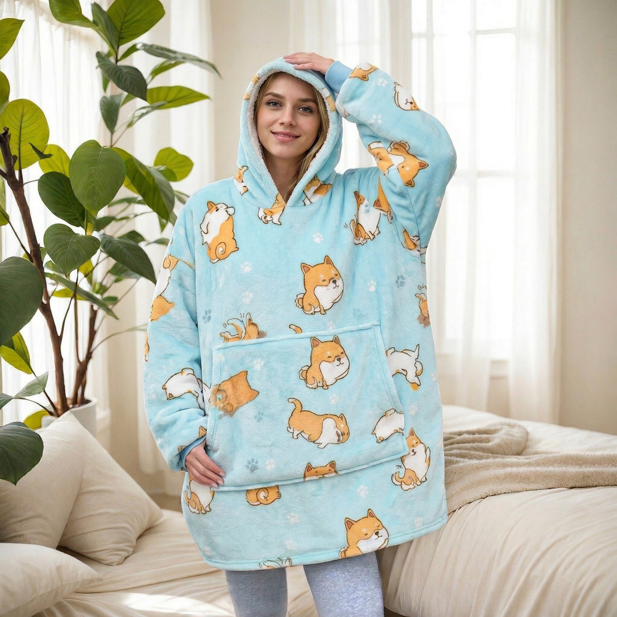 2021 Winter Fleece-Lined Thickened Navy Blue and Dark Gray Zip-Up Lazy Blanket Long-Sleeve Casual Flannel Hoodie