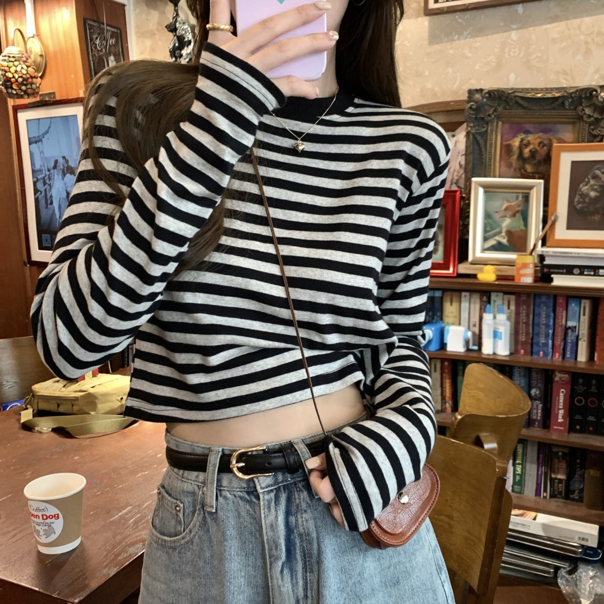 Autumn New Casual Slim Bottoming Shirt Short Student Top Contrast Color Striped Long Sleeve T-Shirt for Women