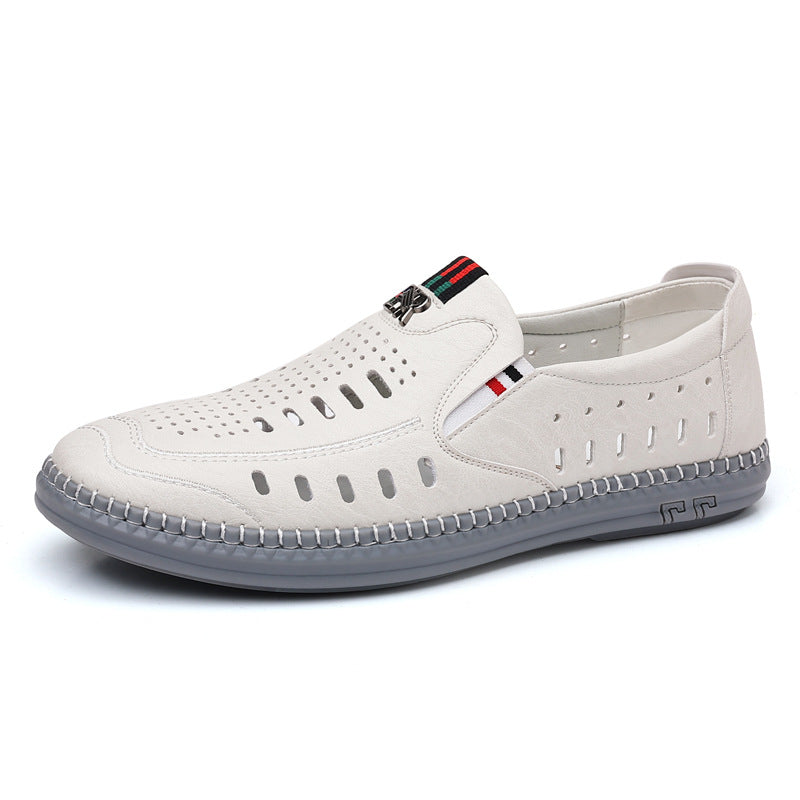 2026 New Men's Sandals Soft Leather Business Perforated Men's Shoes Soft Sole Hole-In-The-Wall Dad Leather Shoes White