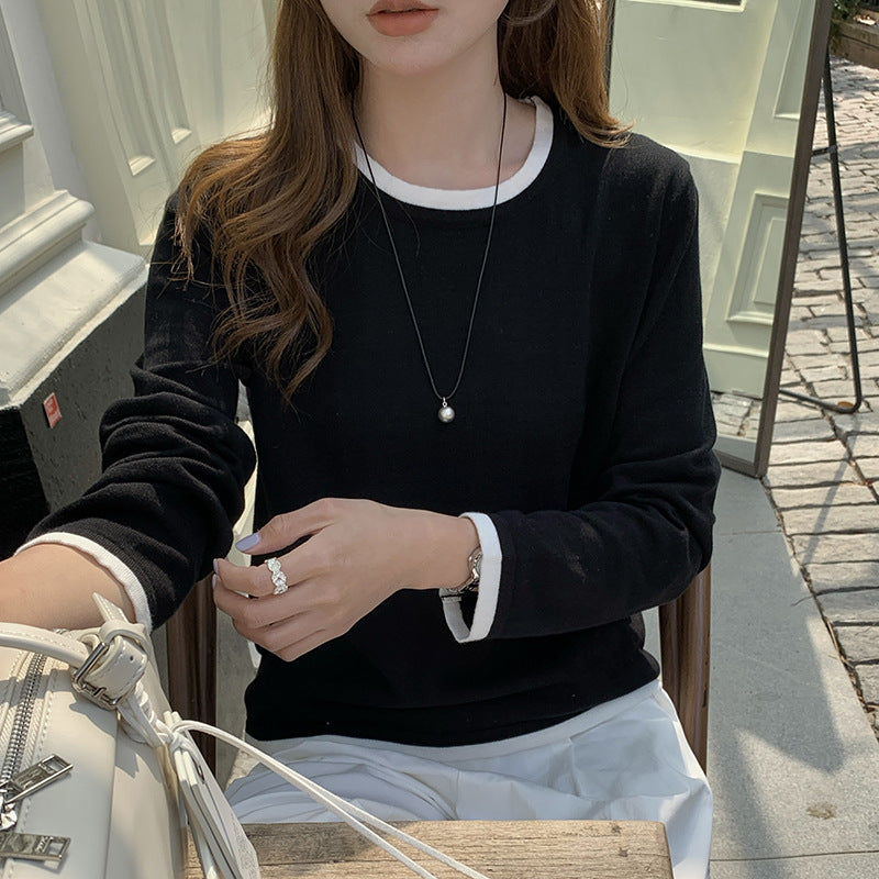 New Spring and Summer Women's Knitted Sweaters, Cotton Round Neck Contrasting Bottoming Shirts, Loose and Simple Elegant Inner Tops Wholesale