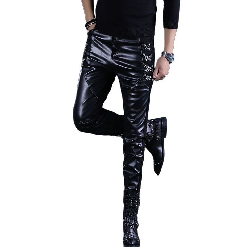 Motorcycle Half Leather Windproof Leather Pants Men's Trendy Brand Slim-fit Casual Pants Personalized Men's Pants
