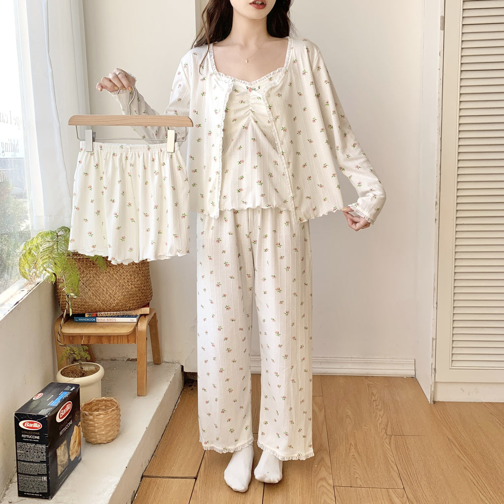Autumn and Winter New Style Pajamas with Chest Pad Female Princess Style Sexy Knitted Cotton Four-piece Home Clothes for Four Seasons