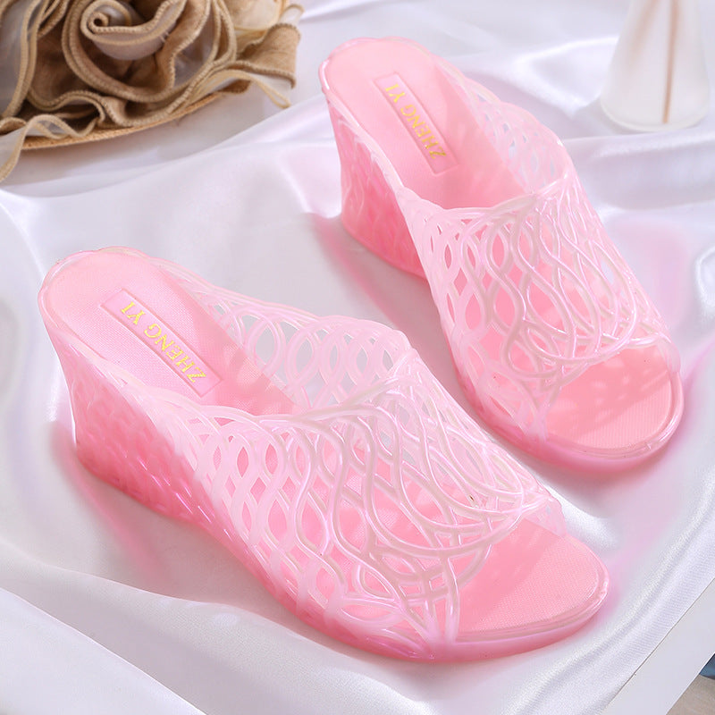 High-Heeled Women's Shoes with Thick Soles, Wedge Heels, Mesh Crystal Slippers, Pearlescent Iridescent Plastic Jelly Shoes, Hollow Anti-Odor High Heels