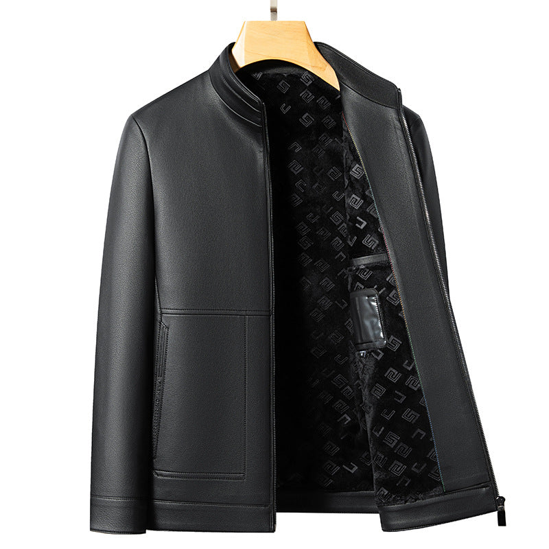 Leather men's 2024 autumn and winter new fleece-lined thickened stand collar pu leather jacket coat protein ecological leather men's