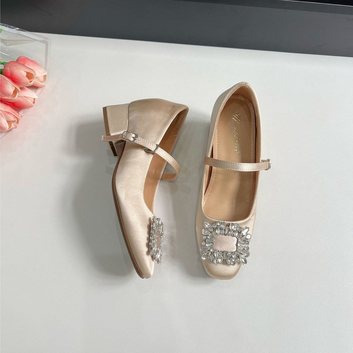 Women's Shoes for Small People with Inner Heightening, High-End Rhinestone Square Buckle Thick Heel Satin Mary Jane Shoes, Summer High Heels with Skirts