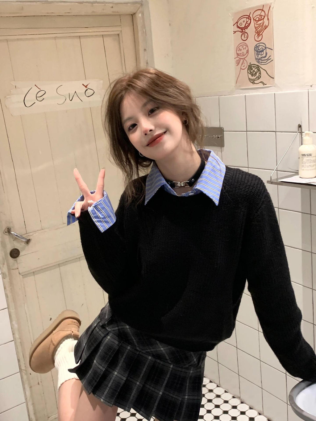 Fake Two-piece Detachable Shirt Collar Sweater Women's Autumn and Winter Small Black Lazy High-end Sweater Top
