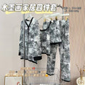 National fashion style ink painting four-piece pajamas women's fashion wholesale summer loose comfortable printing ladies home clothing sets
