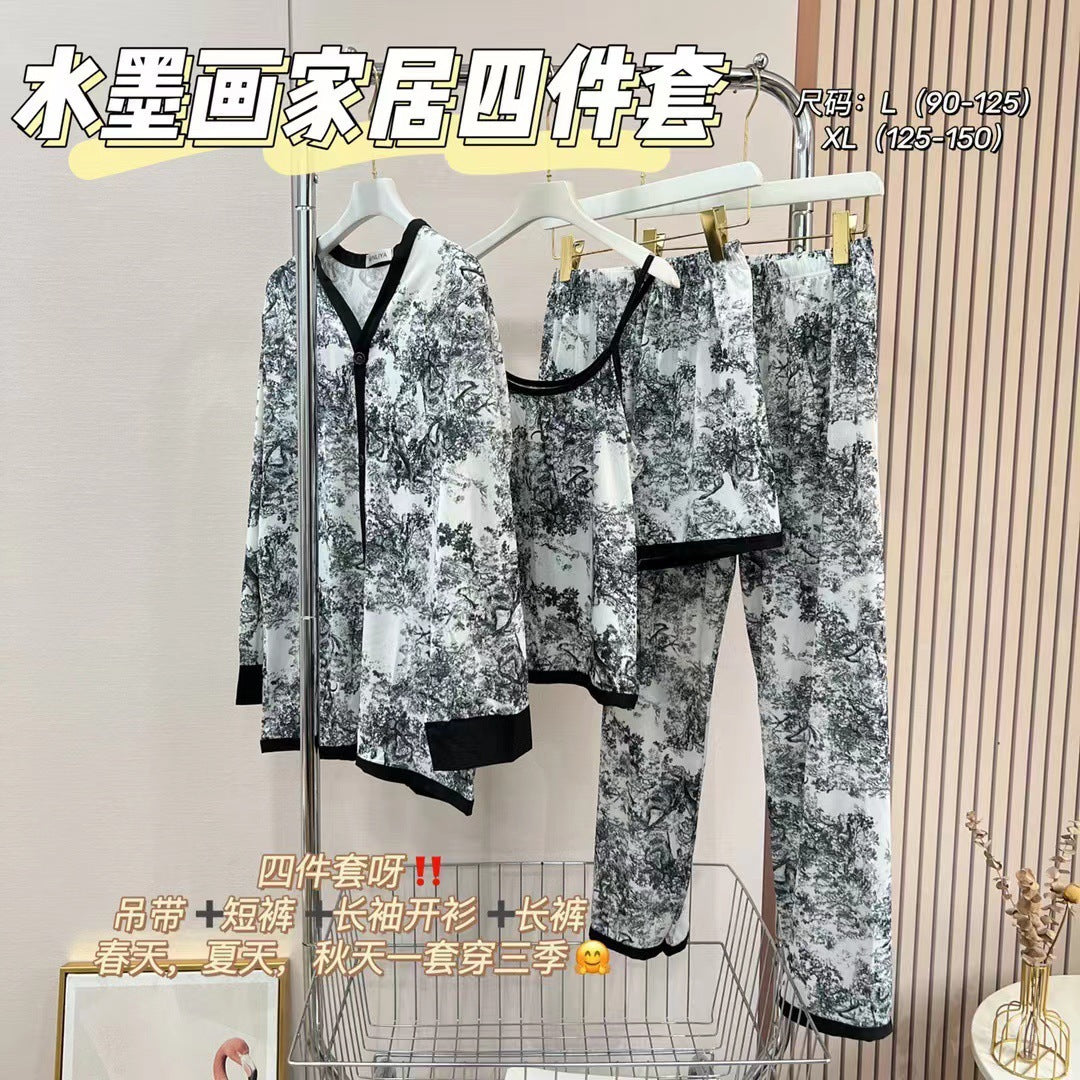 National fashion style ink painting four-piece pajamas women's fashion wholesale summer loose comfortable printing ladies home clothing sets