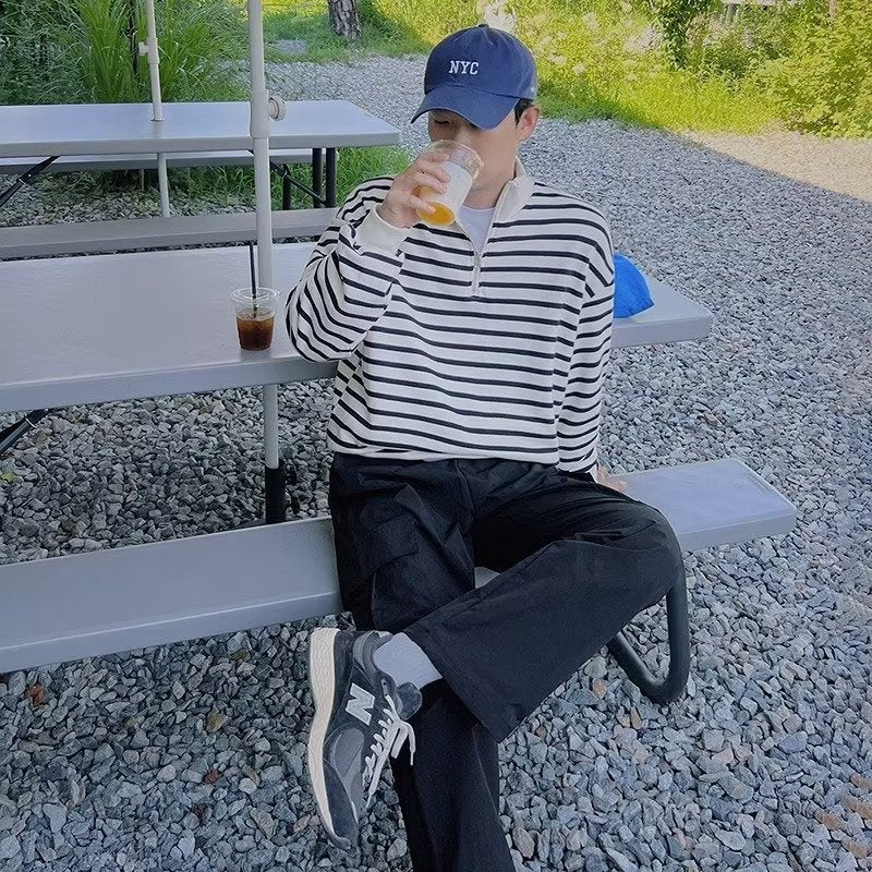 Spring and Autumn Korean Style Loose Design Sense Half-height Zipper Pullover Vertical Collar Sweatshirt Men's Ins Casual Striped Jacket Trendy