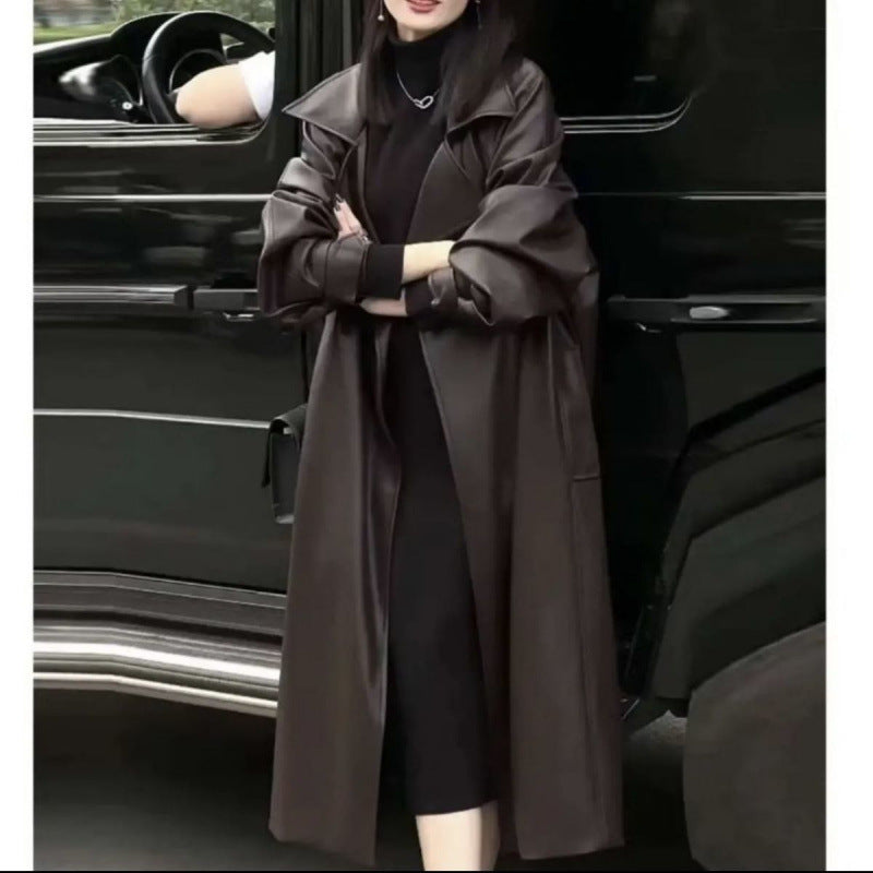 Down jacket leather clothing fashion temperament long knee leather clothing 24 coat new loose windbreaker autumn and winter explosions