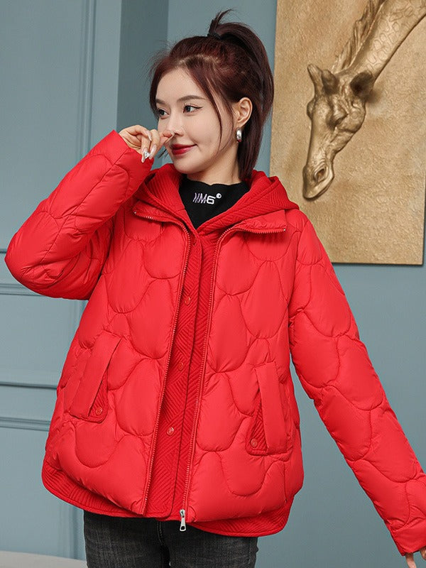 Hooded fake two-piece down cotton clothes women's clothing New Year short corrugated frayed high-end off-season cotton-padded jacket coat fashion