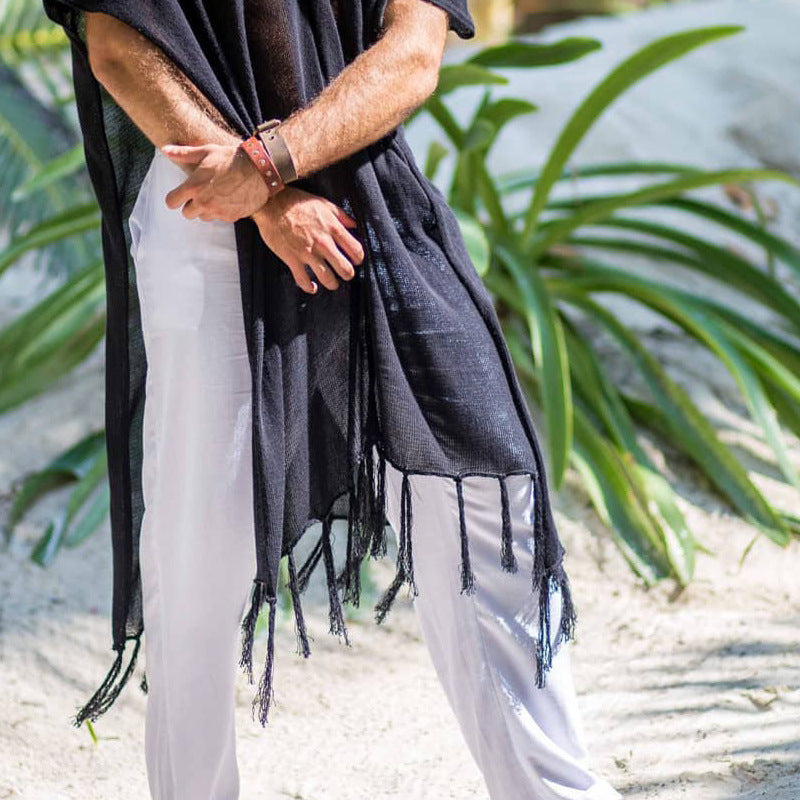 Мужской Плащ Spring and Summer New Men's Tassel Beach Clothing Pullover Blouse Windbreaker