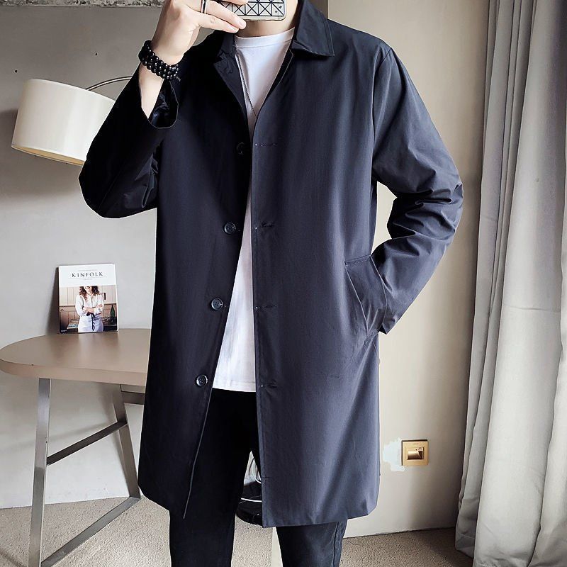 Lapel Simple Basic Windbreaker Men's Mid-length Loose Skin Windbreaker Spring and Autumn Pure Color Casual Thin Coat