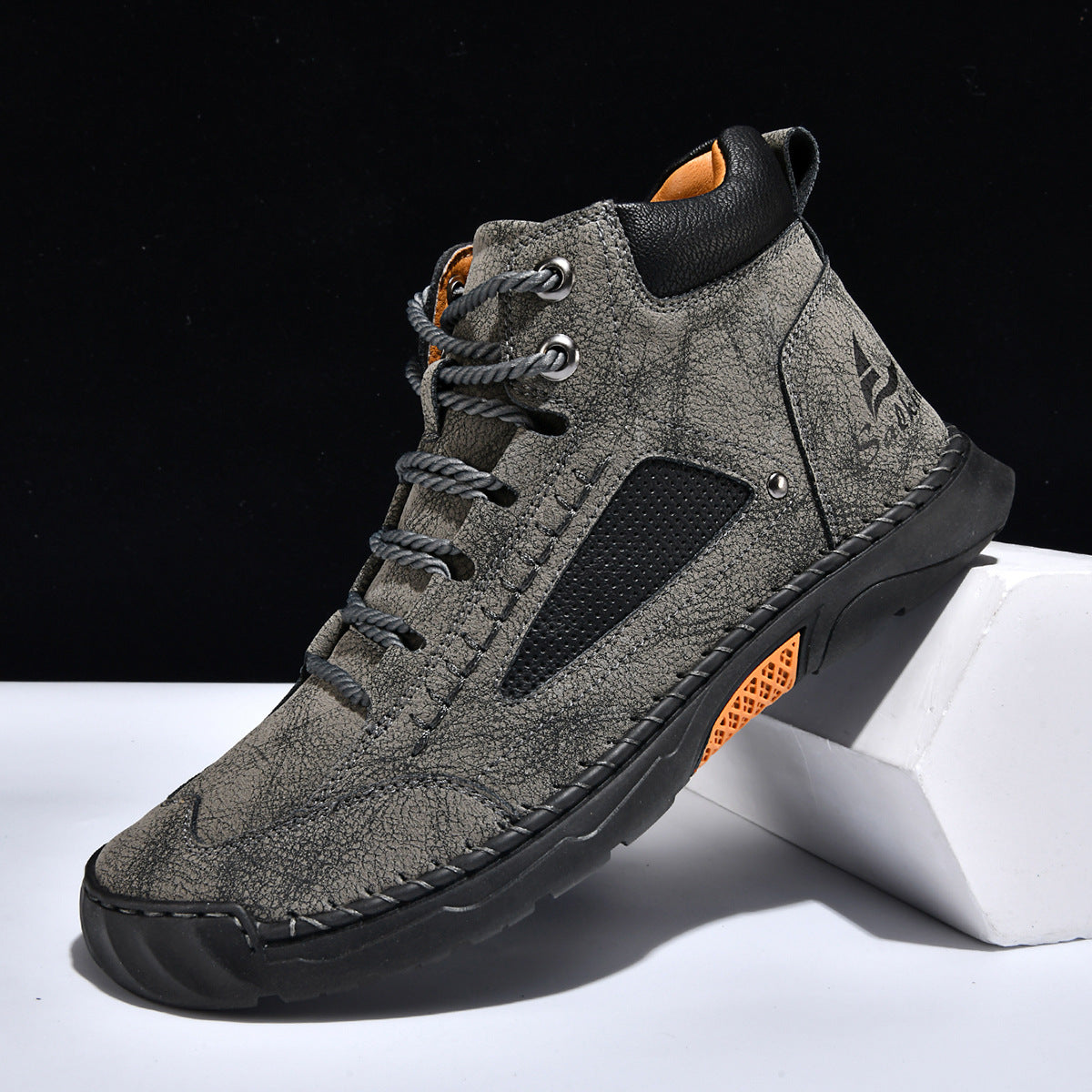 Cross-Border Plus-Size Men's Pu Leather Boots, Men's Fashion Handmade Stitched Ankle Boots, Flat Lace-Up Casual Shoes