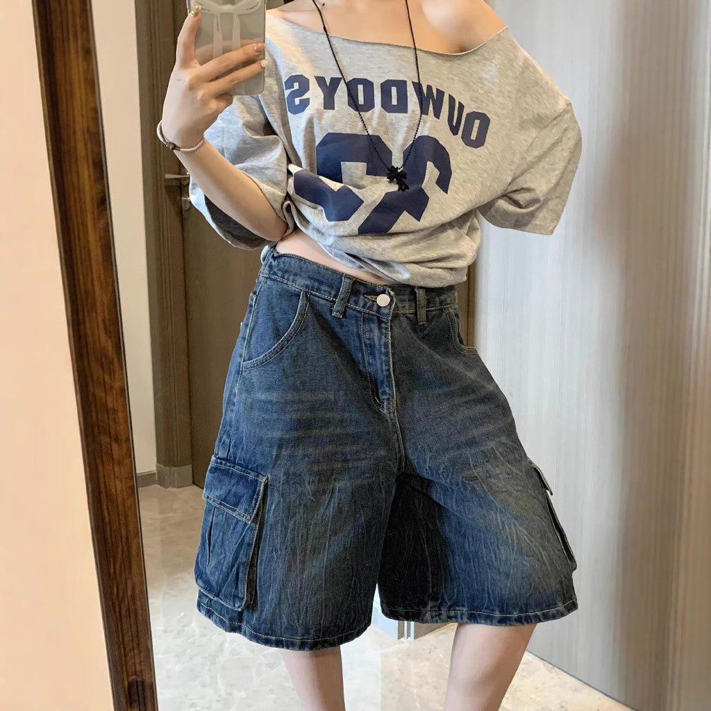American Style Pure Desire Off-Shoulder Short-Sleeve T-Shirt for Women, 2025 Summer Loose Simple Style Slimming Sweet Spicy Girl Top Trendy