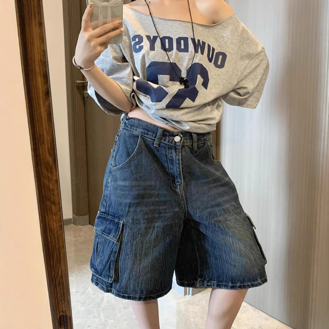American Style Pure Desire Off-Shoulder Short-Sleeve T-Shirt for Women, 2025 Summer Loose Simple Style Slimming Sweet Spicy Girl Top Trendy