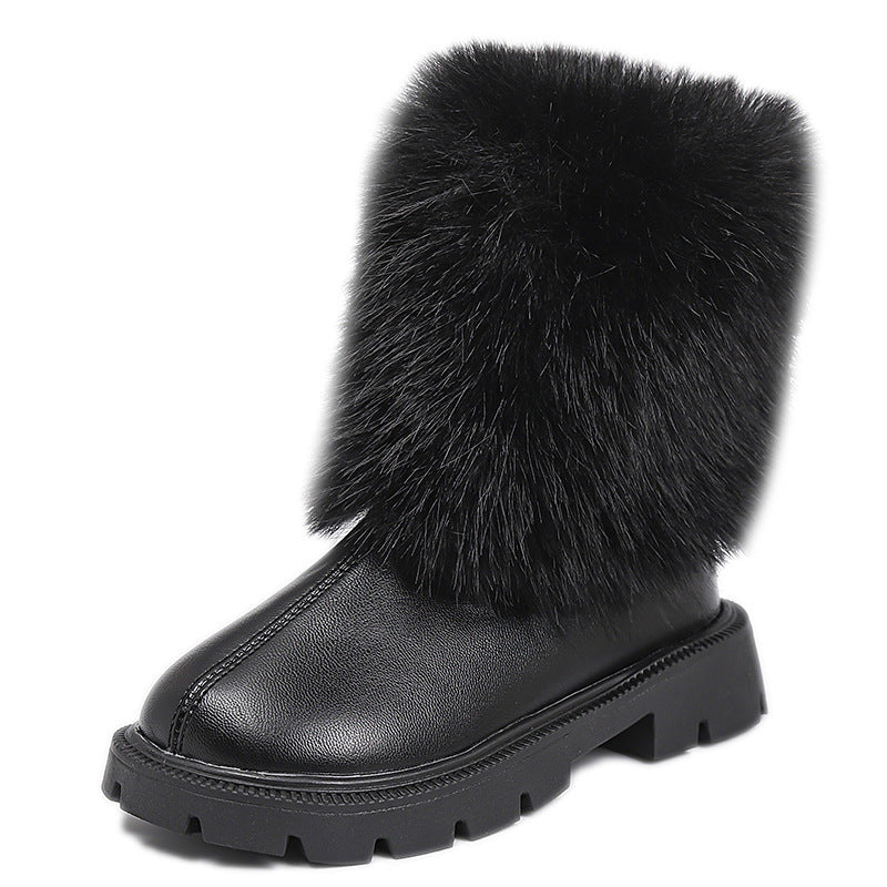 Girls' foreign trade leather boots 2024 autumn and winter new fashion western style mid-tube boots Mao Mao mouth soft bottom chimney boots fashion boots