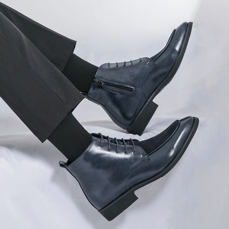 High-top color-block leather boots cross-border plus size 46 autumn and winter short boots European and American style men's side zipper fashion British boots
