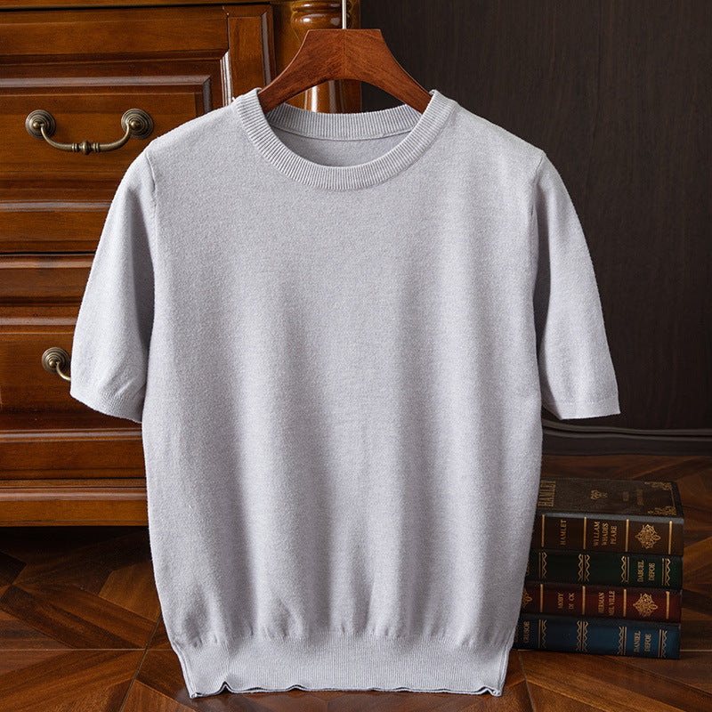 Men's Knitted Short-sleeved Korean Trendy Round Neck Half Sleeve Spring and Autumn Men's Slim-fit Solid Color Short-sleeved Sweater