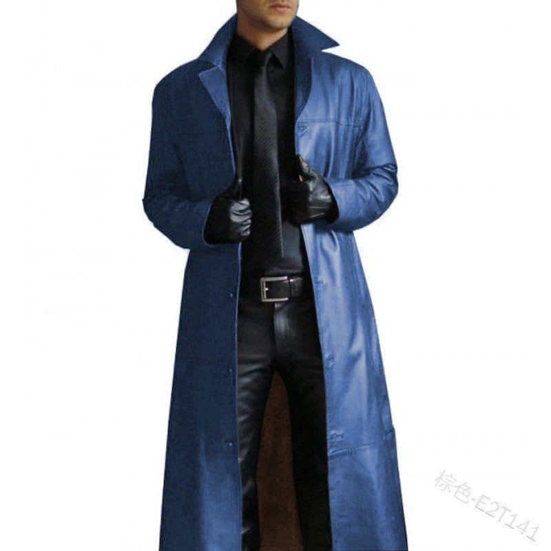 American Casual Western Cowboy Long Leather Windbreaker Men's Slim Lapel Pu Leather Jacket Cos Clothing Leather Outwear