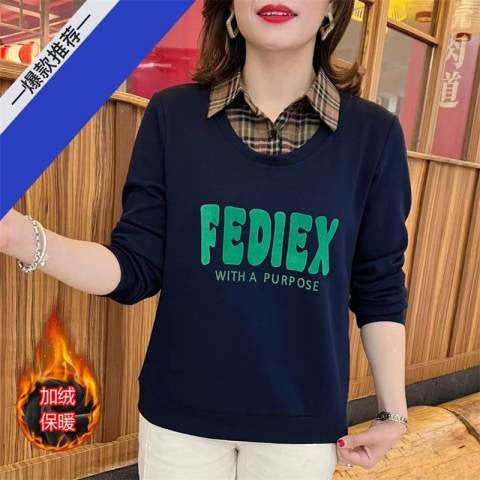 2024 Autumn and Winter fleece-lined Thickened Foreign Style Fake Two-piece Prellis Neck Sweaters Women's Letter Printed Loose Mothers' Fashionable Clothes