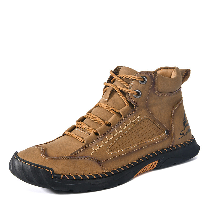 Cross-Border Plus-Size Men's Pu Leather Boots, Men's Fashion Handmade Stitched Ankle Boots, Flat Lace-Up Casual Shoes
