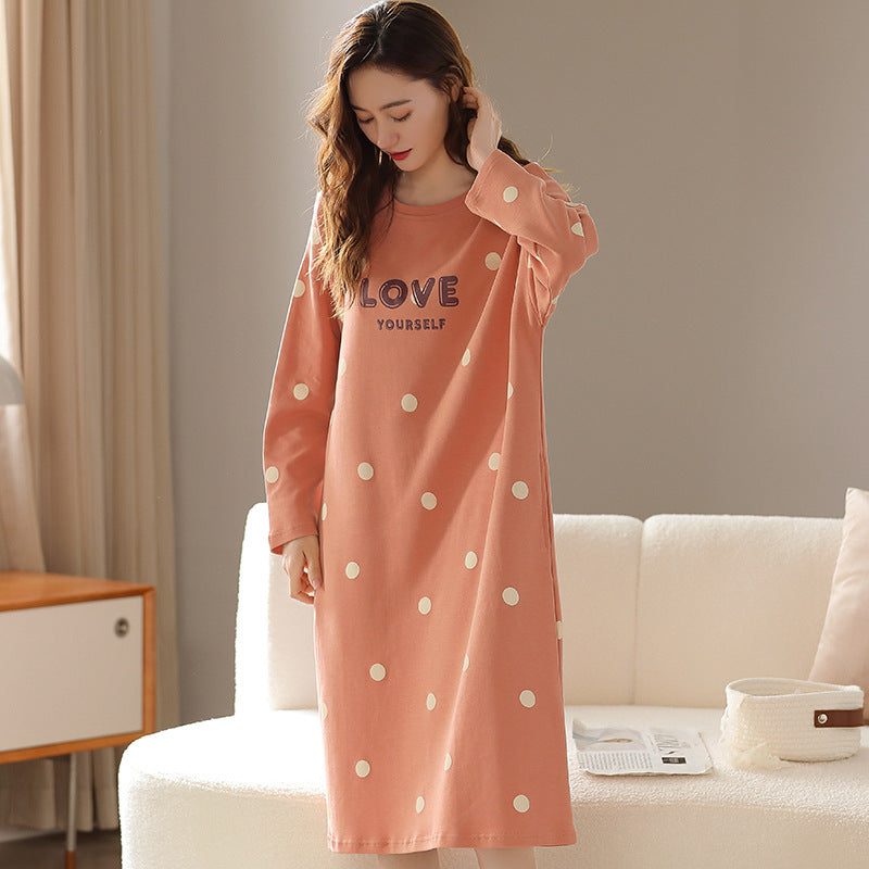 Women's Nightgown Spring and Autumn Long-Sleeve Plus Size 100kg Mid-Length Dress Can Be Worn Outside Women's Sleepwear Dropshipping