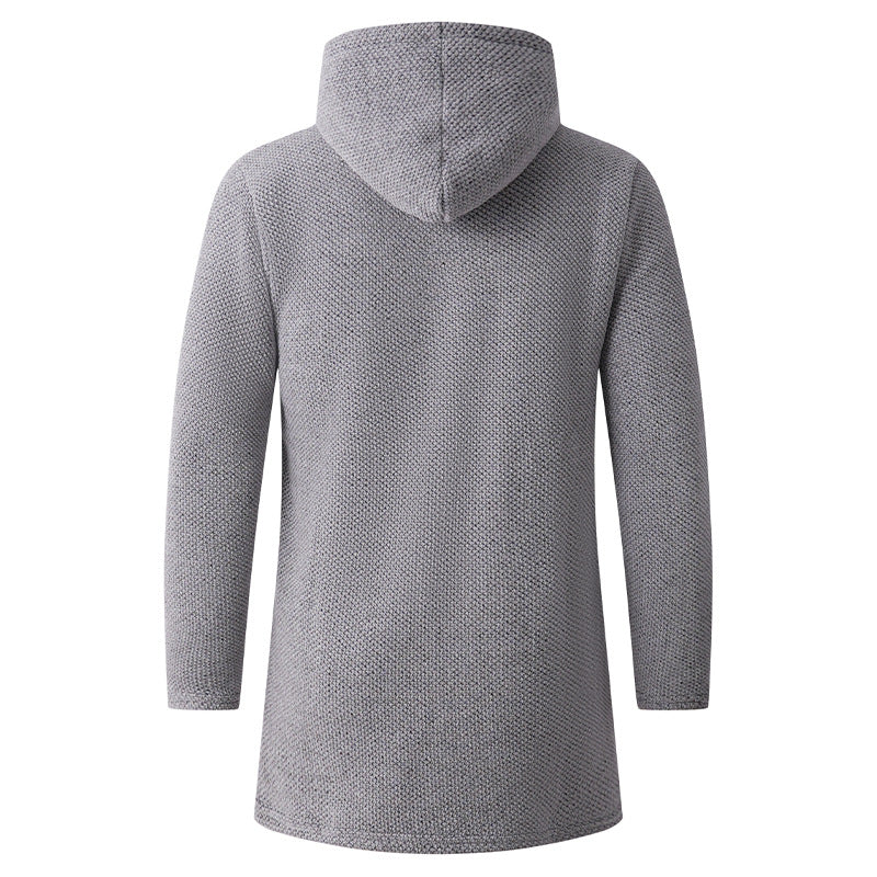 Cross-Border European and American Men's Mid-Length Knitted Windbreaker for Young and Middle-Aged People Hooded Cardigan Plus Velvet Thickened Warm Jacket Coat