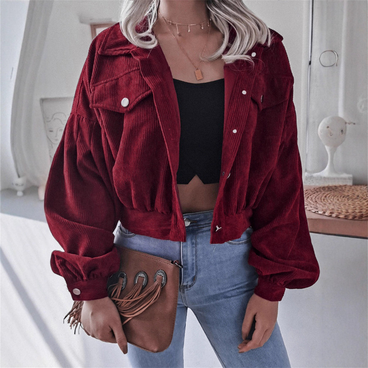 Ins Style Autumn and Winter European and American Lantern Long-Sleeved Corduroy Casual Short Outwear Jacket Amazon Hot Cross-Border Women's Clothing